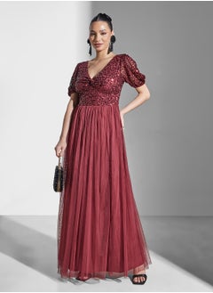 Maya V-Neck Mesh Detail Puff Sleeve Twist Front  Dress  - Image 5