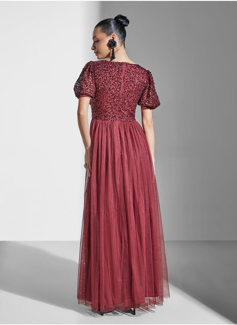 Maya V-Neck Mesh Detail Puff Sleeve Twist Front  Dress  - Image 2