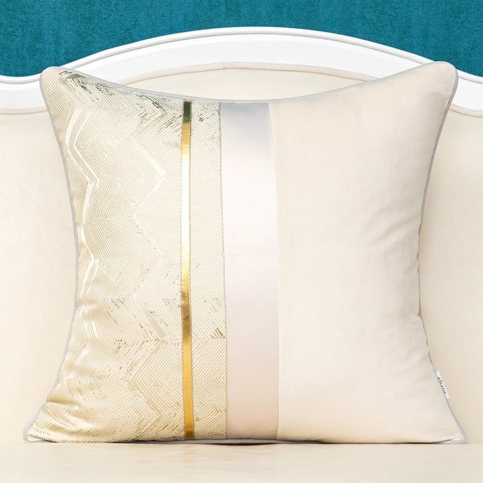 20 x 20 Inch Light Beige White Geometric Striped Gold Leather Patchwork Velvet Cushion Case Luxury Modern Lumbar Throw Pillow Cover Decorative Pillow for Couch Sofa Living Room Bedroom Car