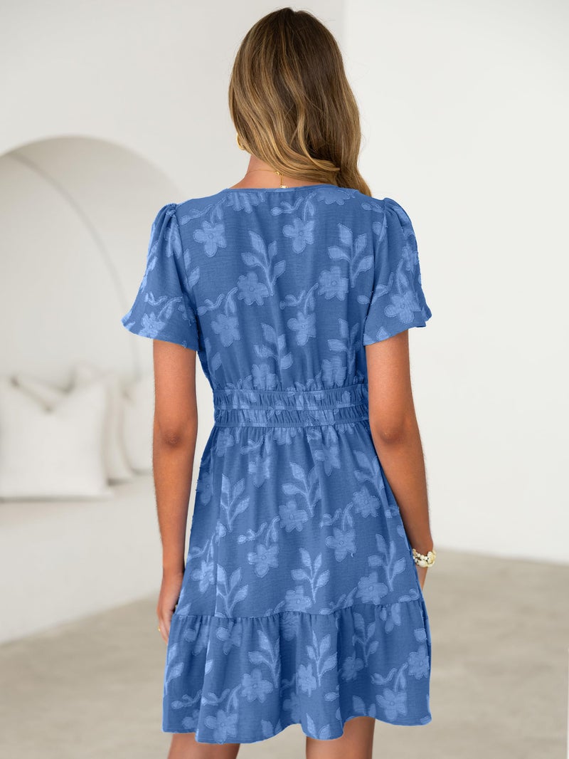 Simplee Womens Summer Floral Dress - Casual Short Sleeve V Neck Empire Waist Boho Flowy A Line Mini Wedding Guest Dresses,Blue M - Image 5