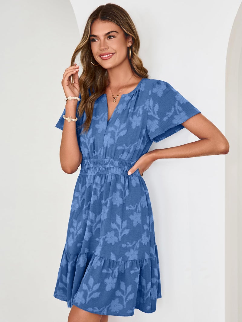 Simplee Womens Summer Floral Dress - Casual Short Sleeve V Neck Empire Waist Boho Flowy A Line Mini Wedding Guest Dresses,Blue M - Image 3