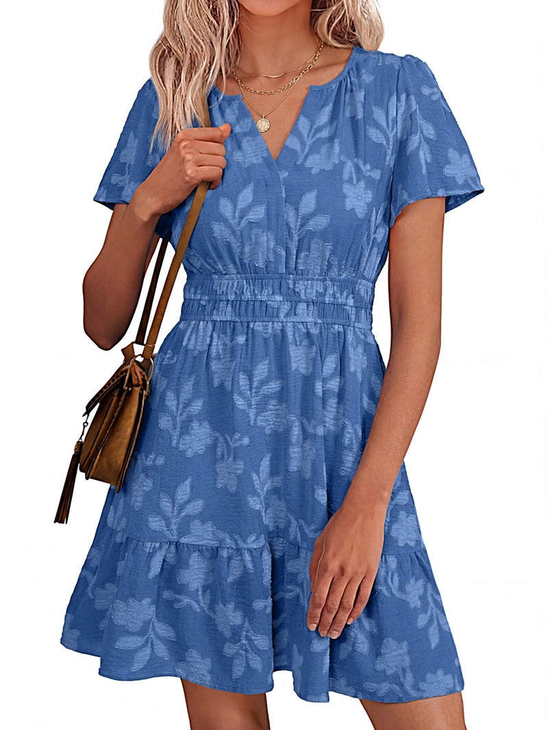 Simplee Womens Summer Floral Dress - Casual Short Sleeve V Neck Empire Waist Boho Flowy A Line Mini Wedding Guest Dresses,Blue M - Image 1