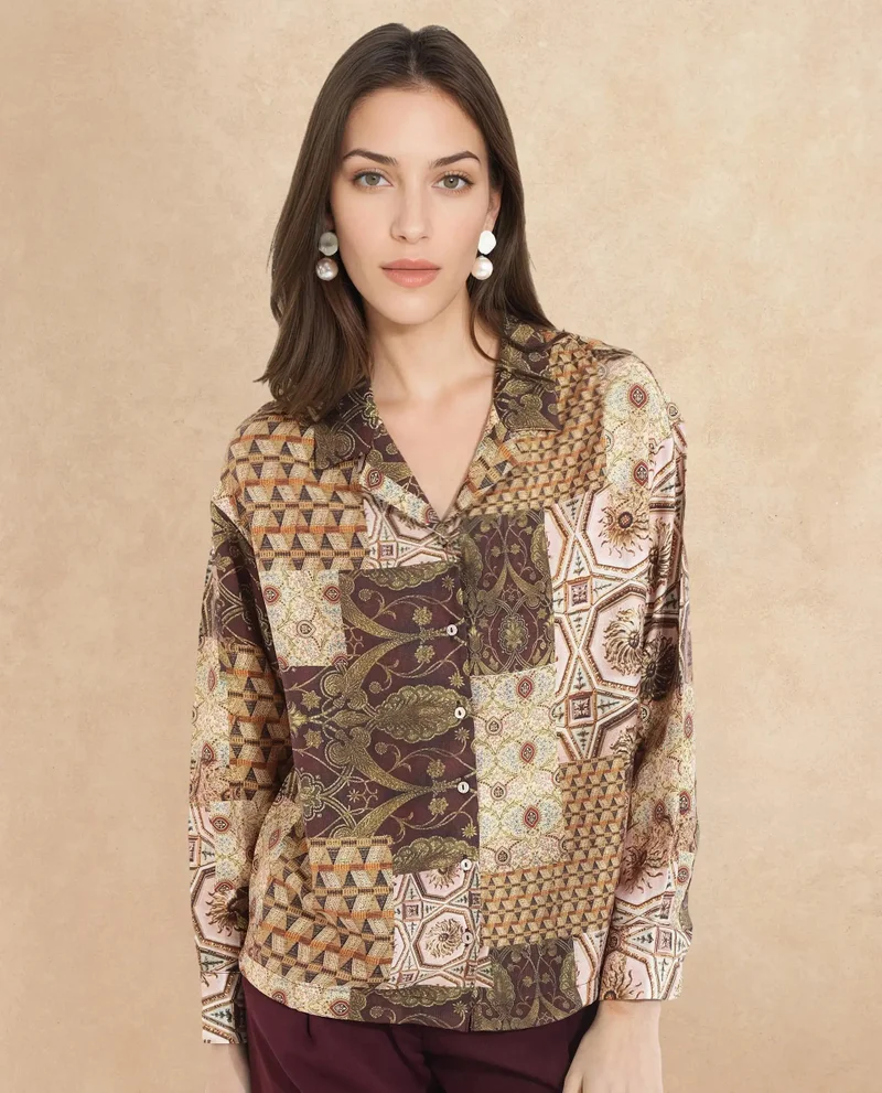 Rareism Rareism Women Broadway Brown Full Sleeve Lapel Neck Button Closure Relaxed Fit Abstract Print Top