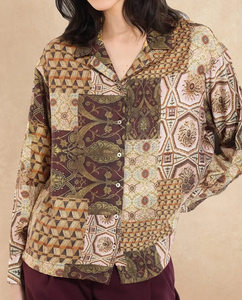 Rareism Rareism Women Broadway Brown Full Sleeve Lapel Neck Button Closure Relaxed Fit Abstract Print Top