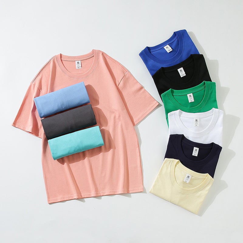 Heavy short sleeve 240g cotton large size drop shoulder blank T-shirt round neck solid color loose half sleeve bottoming shirt men's and women's T-shirt - Image 4