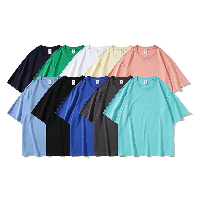 Heavy short sleeve 240g cotton large size drop shoulder blank T-shirt round neck solid color loose half sleeve bottoming shirt men's and women's T-shirt - Image 3