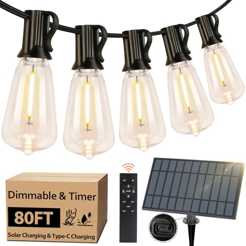 Bosceos Solar Outdoor String Lights Waterproof, 80FT Solar Powered String Lights for Outside with Shatterproof Bulbs, Dimmable ST38 LED Lights String, Patio Hanging Lights for Backyard Garden Party - Image 1
