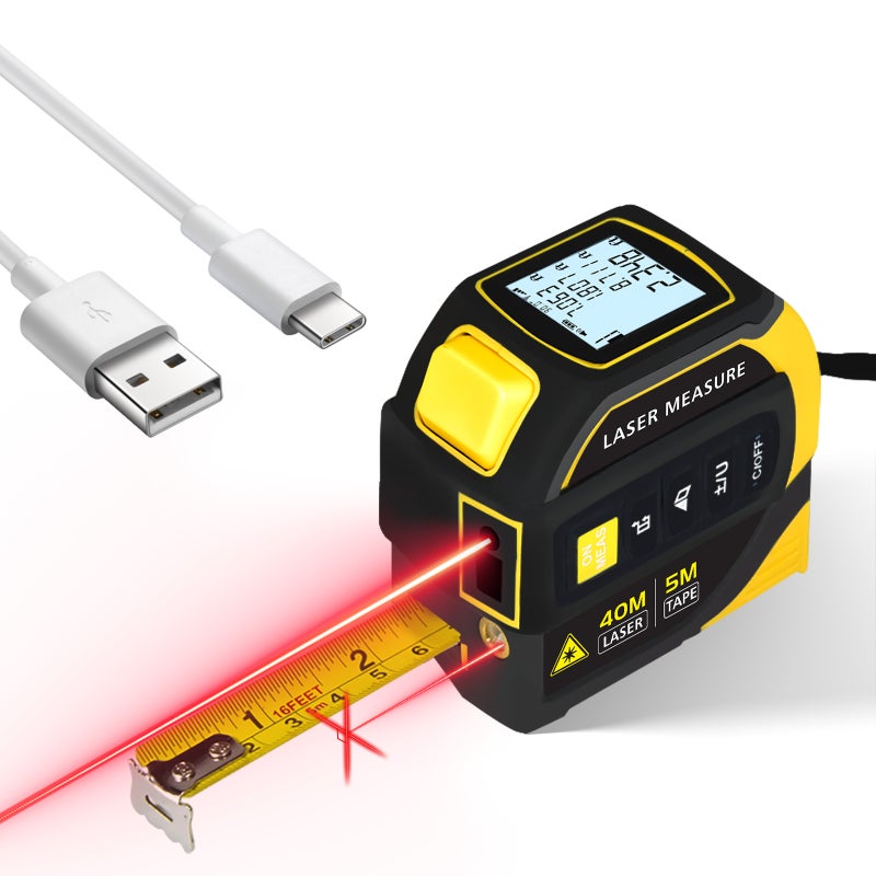 4-in-1 Digital Laser Tape Measure 40m Laser Distance Meter 5m Tape Dual-Axis Electronic Level Crosshair Markings Rechargeable Backlit LCD Display - Image 1