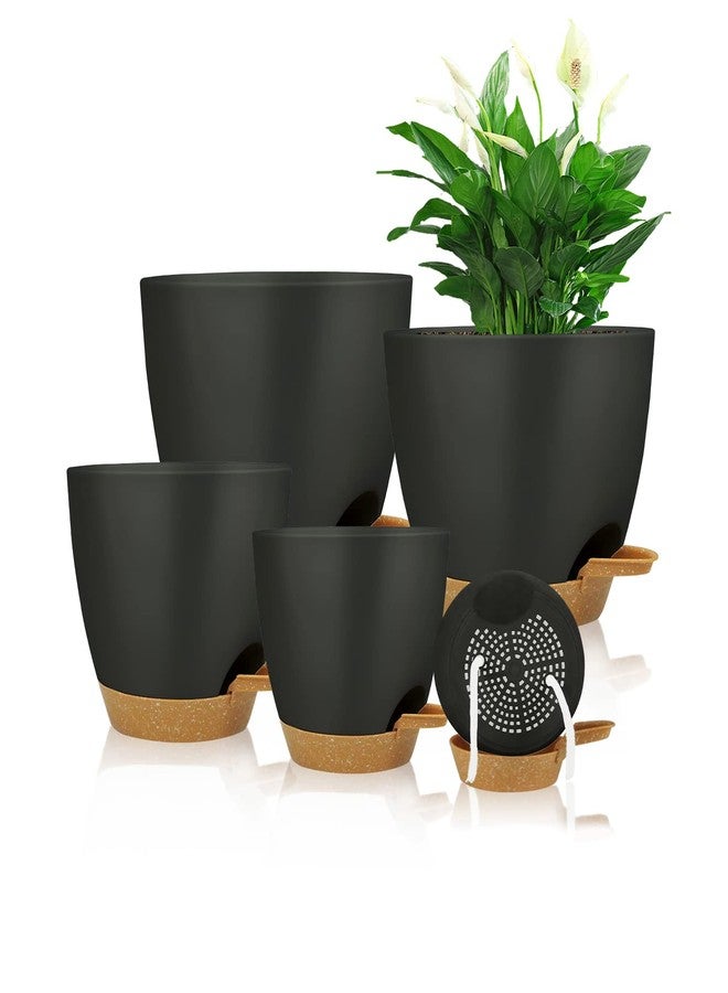 STSTECH Self Watering Planters with Drainage Holes Reservoir,Nursery Planting Pot for Indoor Decor Garden Plants Succulents,Snake Plant, African Violet,Plastic Flower Pots Set 7+6.5+6+5.5+5 Inch (Black) - Image 1