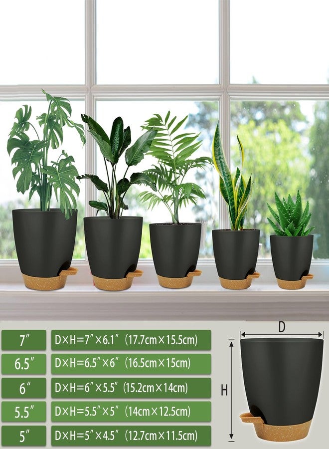 STSTECH Self Watering Planters with Drainage Holes Reservoir,Nursery Planting Pot for Indoor Decor Garden Plants Succulents,Snake Plant, African Violet,Plastic Flower Pots Set 7+6.5+6+5.5+5 Inch (Black) - Image 2