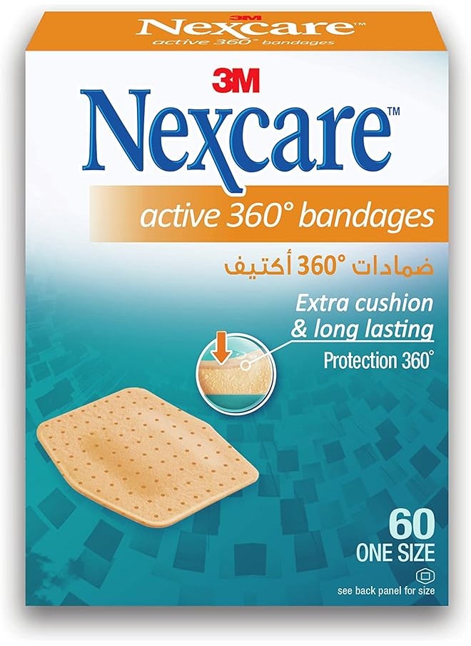 نيكس كير ضمادات أكتيف 360 لاصقة مقاس 23 مم × 28 مم، 60 وحدة، خالية من اللاتكس، تتوافق مع الانحناءات والوسائد المرنة وتحمي العصي المسامية والمقاومة للماء للبشرة الرطبة  - Image 1