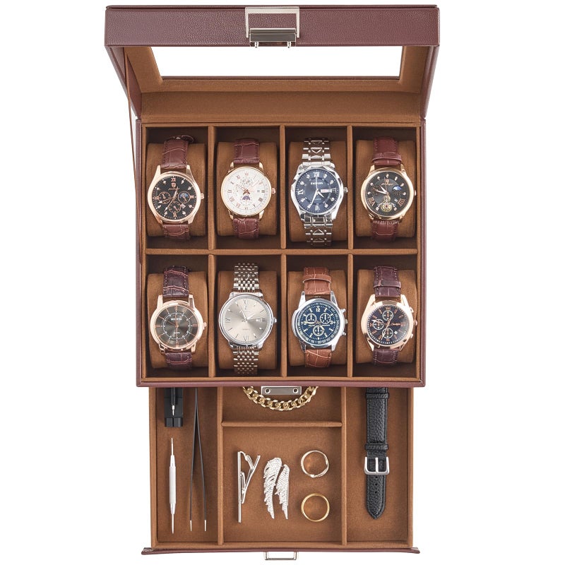 ProCase Watch Case Fathers Day Gift for Dad 8 Slot Mens Watch Box Holder Organizer with Glass Lid 2Layer Watches Display Case Mens Jewelry Box with Drawer 8 Slot Espresso - Image 2