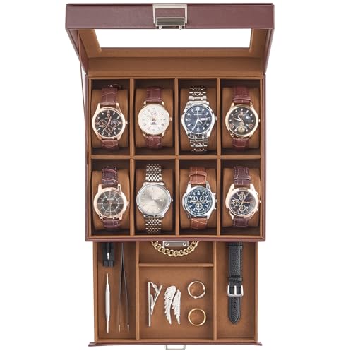 ProCase Watch Case Fathers Day Gift for Dad 8 Slot Mens Watch Box Holder Organizer with Glass Lid 2Layer Watches Display Case Mens Jewelry Box with Drawer 8 Slot Espresso - Image 1