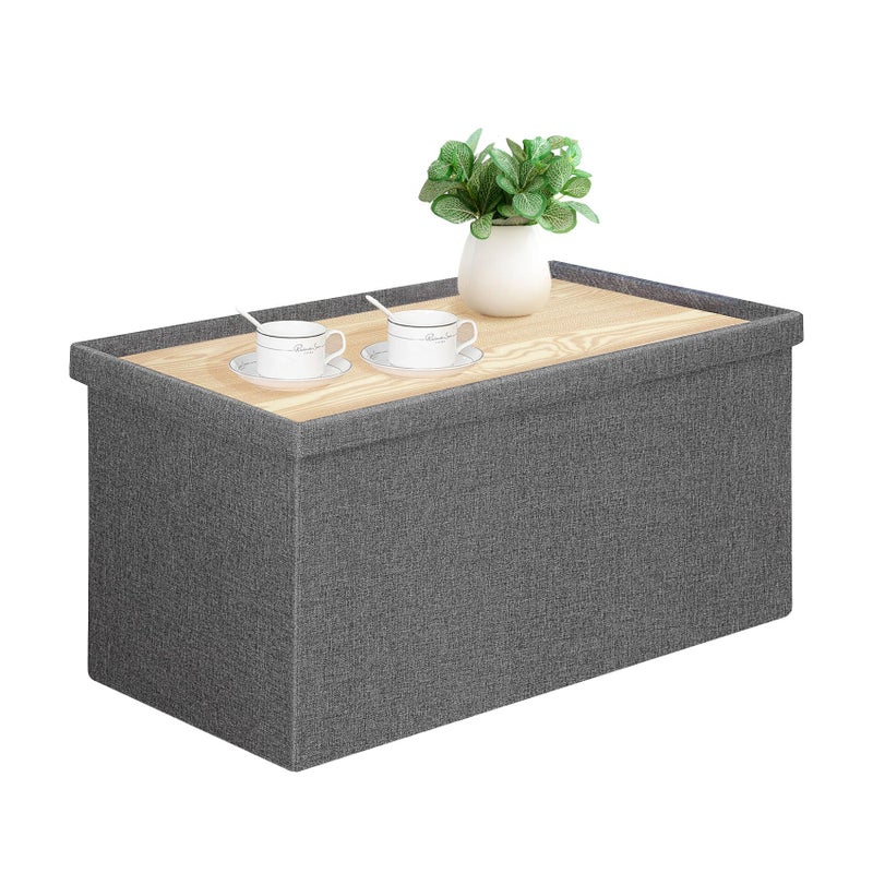 PINPLUS Folding Storage Ottoman Bench with Lid Tray 30 inches Ottoman Coffee Table Grey Cube Chair Foot Rest Stool Storage Toy Chest for Living Room Bedroom Holds up to 550 lb