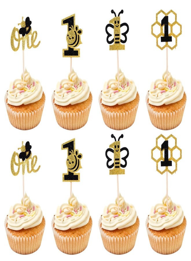 جريفوسيا زينة كب كيك النحل من Grevosea، 24 قطعة، زينة كب كيك النحل باللونين الأسود والذهبي، زينة كعكة النحل الأولى للبنات لحفلات استقبال المولود الجديد، لوازم حفلات أعياد الميلاد الأولى للبنات - Image 1
