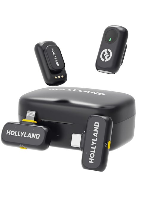 نظام ميكروفون لاسلكي Hollyland LARK A1 Combo لشخصين – ميكروفون مزدوج مع موصلات USB-C وLightning لأجهزة iPhone وAndroid، مزوّد بخاصية تقليل الضوضاء ونقل بتردد 2.4GHz – اللون الرمادي الفضائي