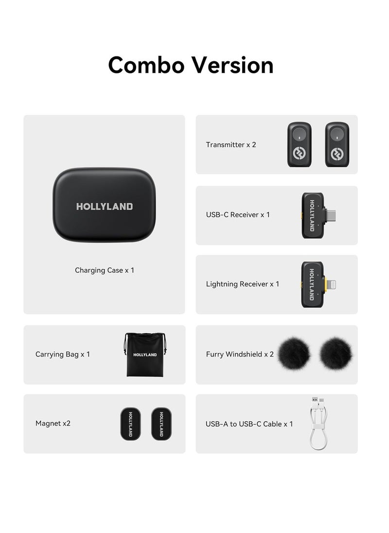نظام ميكروفون لاسلكي Hollyland LARK A1 Combo لشخصين – ميكروفون مزدوج مع موصلات USB-C وLightning لأجهزة iPhone وAndroid، مزوّد بخاصية تقليل الضوضاء ونقل بتردد 2.4GHz – اللون الرمادي الفضائي