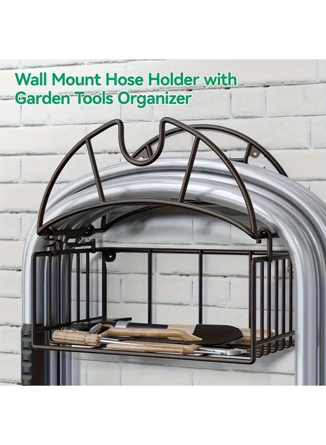 Heavy Duty Metal Garden Hose Holder With Tool Storage Basket Wall Mounted Outdoor Hose Rack For Yard Garage And Home Organization Black - Image 2