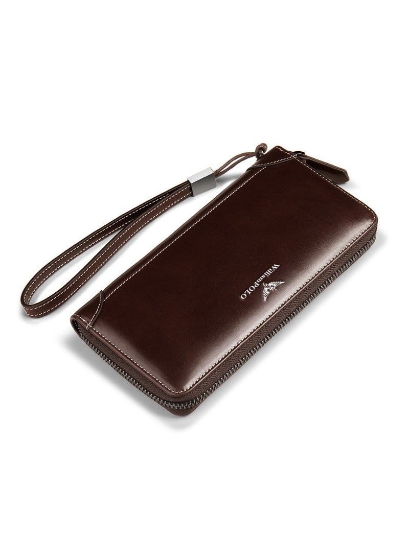 William Polo Genuine Leather Retro Wallet Long Handbag 2025 New Zipper Leather Wallet Men's Card Bag Multi functional Handbag - Image 1