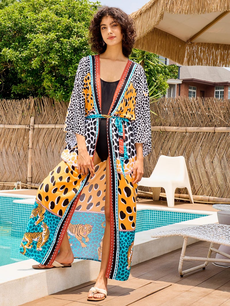 IMAGEKOPE Womenâ€™s Kimono Cover Up Long Beach Dress Swimsuit Cover Ups Colorful Cardigan Lightweight Robe for Swimwear - Image 3