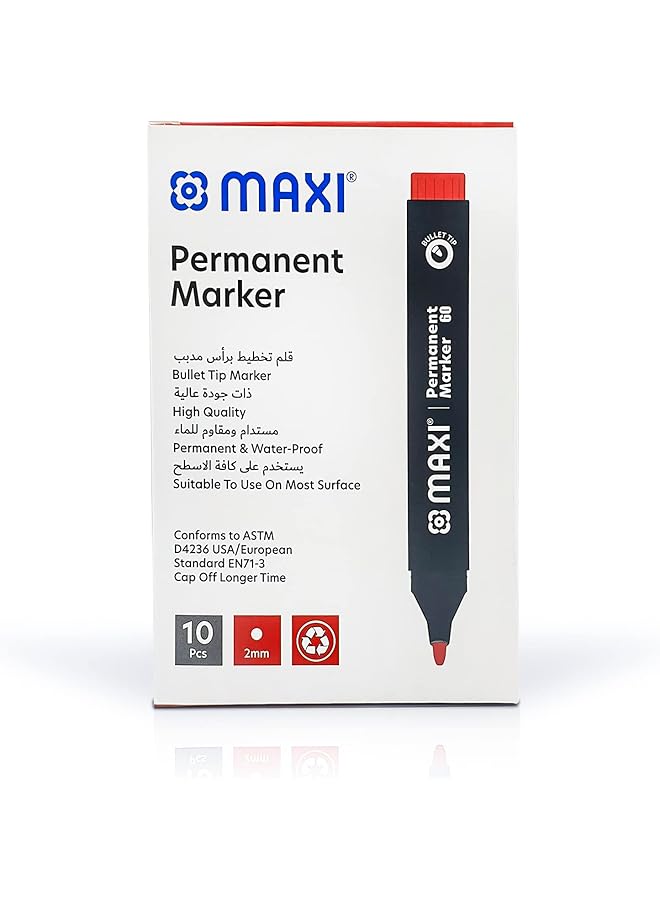 ماكسي قلم تحديد دائم بطرف مشطوف، 10 قطع، أحمر. مناسب للاستخدام على معظم الأسطح. يمكنك وضع العلامات والكتابة على أي سطح غير مسامي مثل الخشب أو الزجاج أو البلاستيك أو الورق المقوى. - Image 3