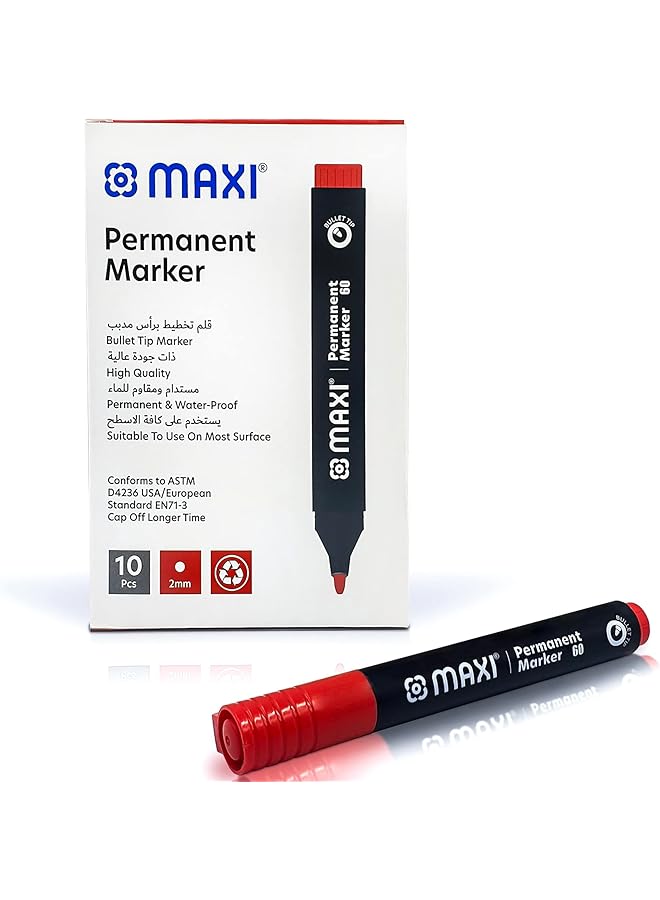 ماكسي قلم تحديد دائم بطرف مشطوف، 10 قطع، أحمر. مناسب للاستخدام على معظم الأسطح. يمكنك وضع العلامات والكتابة على أي سطح غير مسامي مثل الخشب أو الزجاج أو البلاستيك أو الورق المقوى. - Image 1