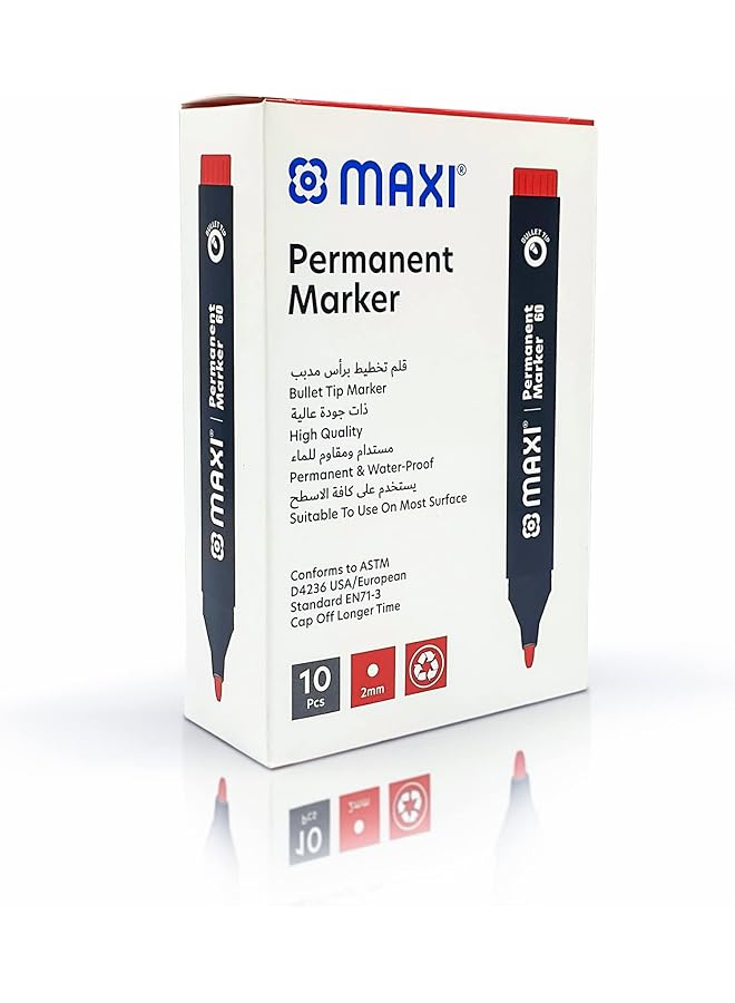 ماكسي قلم تحديد دائم بطرف مشطوف، 10 قطع، أحمر. مناسب للاستخدام على معظم الأسطح. يمكنك وضع العلامات والكتابة على أي سطح غير مسامي مثل الخشب أو الزجاج أو البلاستيك أو الورق المقوى. - Image 2