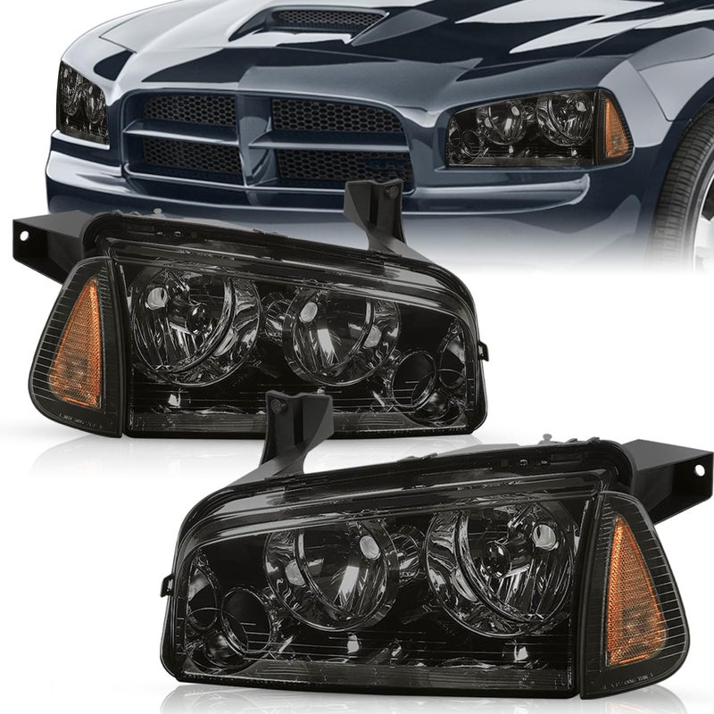 TUSDAR Halogen 4Pcs Headlights Assembly Set for 20062010 Dodge Charger Headlamp with Corner Light Replacement OE Headlamp Smoke Black