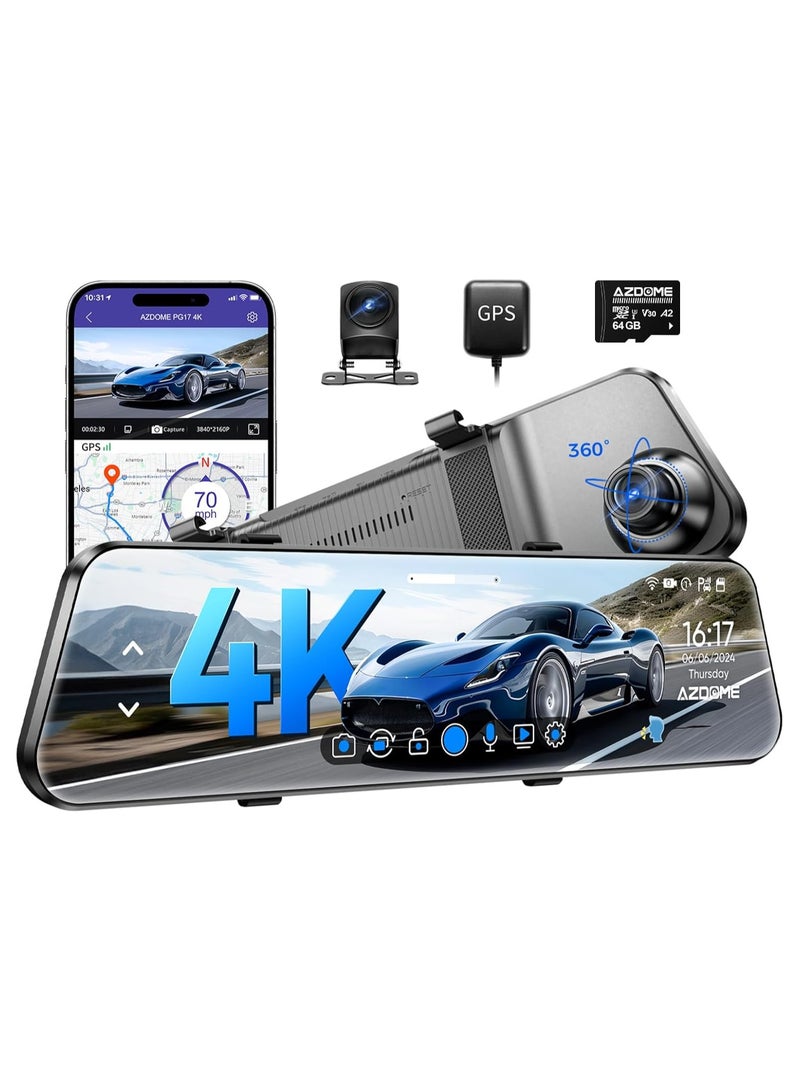 AZDOME PG17 4K 12" Mirror Dash Cam Front and Rear, WiFi Rear View Mirror Camera with 64GB Card, Waterproof 1080P Rear Camera, GPS, Voice Control, WDR Night Vision, Driving Assistant (Includes 64GB Card) - Image 1