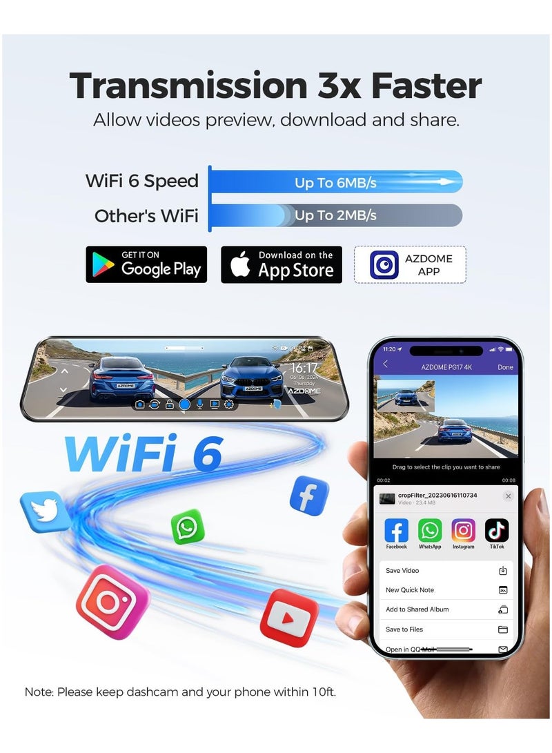 AZDOME PG17 4K 12" Mirror Dash Cam Front and Rear, WiFi Rear View Mirror Camera with 64GB Card, Waterproof 1080P Rear Camera, GPS, Voice Control, WDR Night Vision, Driving Assistant (Includes 64GB Card) - Image 3