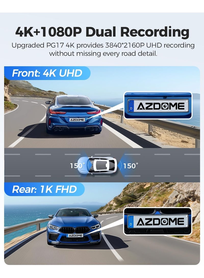 AZDOME PG17 4K 12" Mirror Dash Cam Front and Rear, WiFi Rear View Mirror Camera with 64GB Card, Waterproof 1080P Rear Camera, GPS, Voice Control, WDR Night Vision, Driving Assistant (Includes 64GB Card) - Image 4