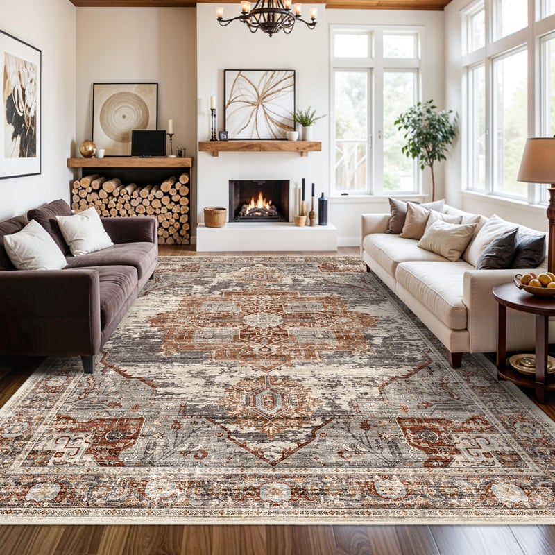 RUUGME Washable 9x12 Area Rugs - Large Rugs for Living Room Stain Resistant Carpet Vintage Rugs for Bedroom with Non Slip Backing Home Decor Floor Decoration Mat (9x12 Brick) - Image 1