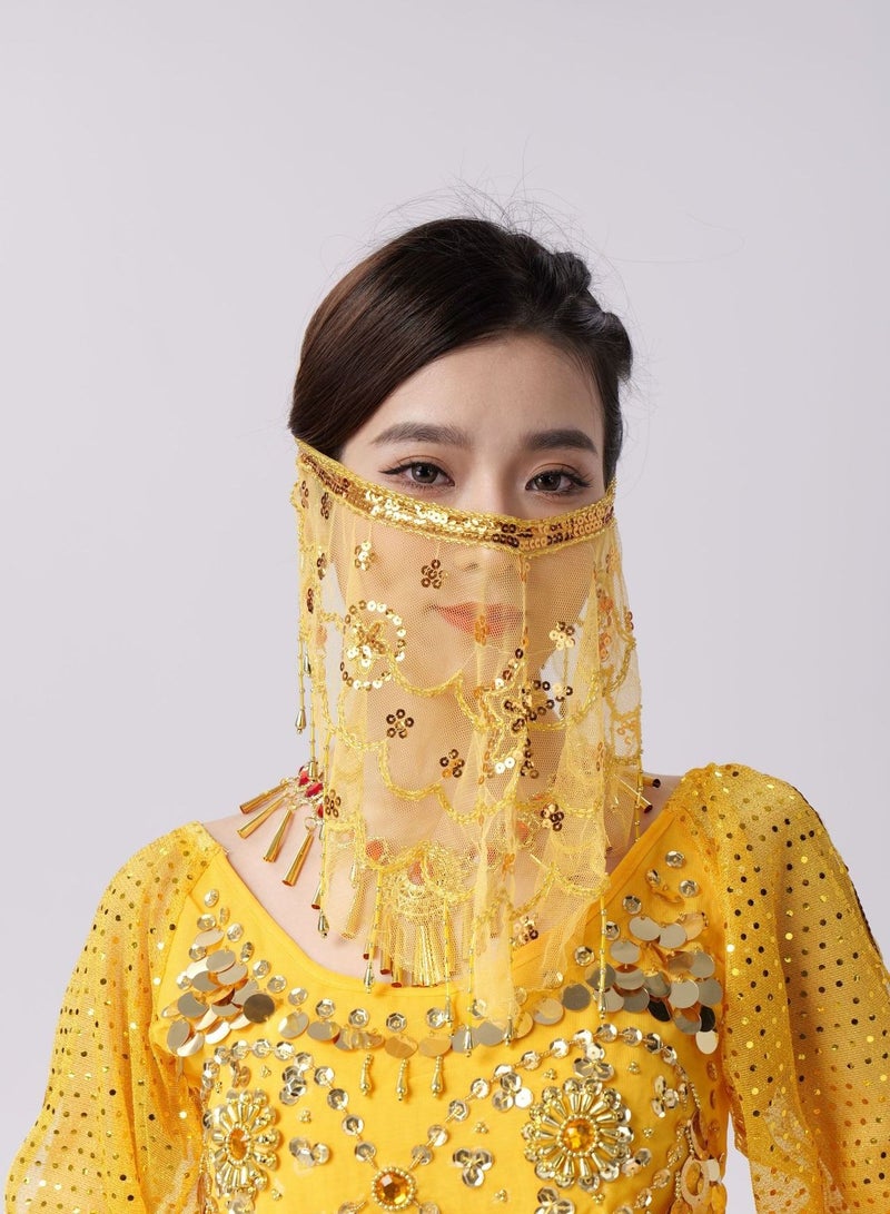 Loquat Womens Belly Dance Sequin Face Veil Yellow 