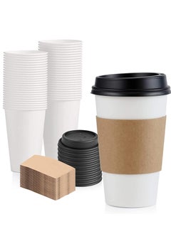Generic Disposable Coffee Cup for Hot Drinks 16 Oz White with Black Dome Lid and Kraft Bag 50 Pack  - Image 1
