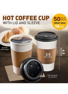 Generic Disposable Coffee Cup for Hot Drinks 16 Oz White with Black Dome Lid and Kraft Bag 50 Pack  - Image 2