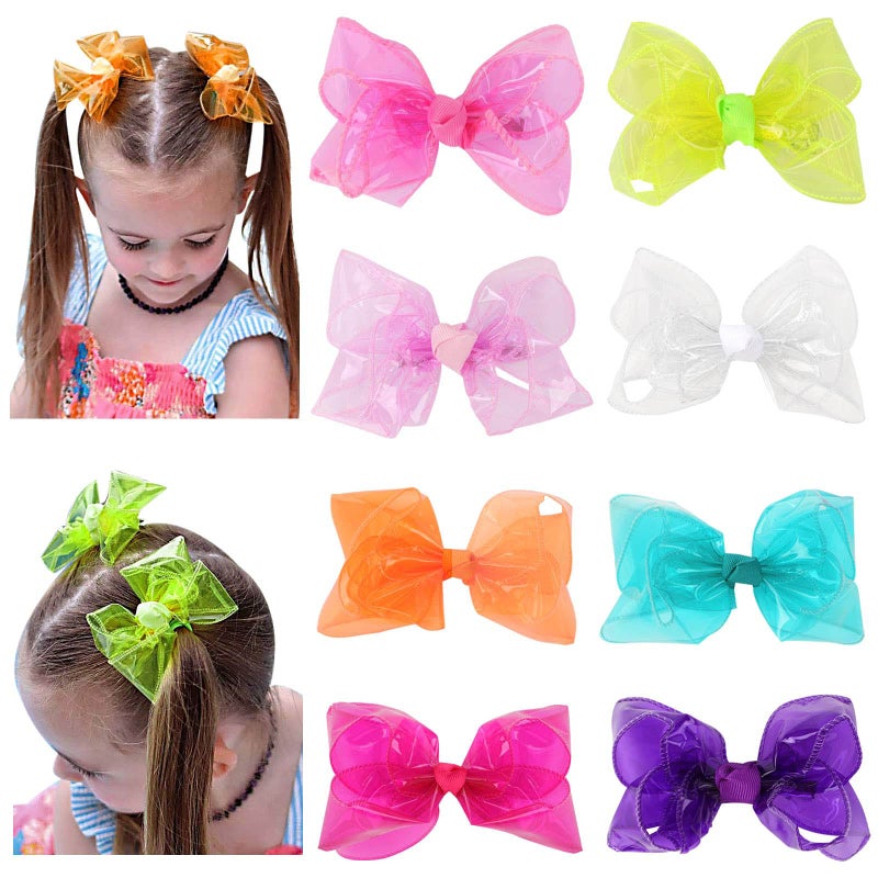 CN Waterproof Jelly Hair Bows, Multi-colored PVC Summer Swim Pool Bow Clips Transparent Hair Accessories for Girls Toddler Infants Kids Teens Children (Swim Pool Bows, 4inch) - Image 1
