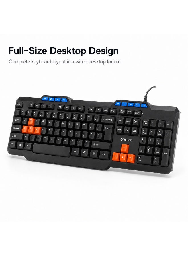 ONEEZO Wired USB English Arabic Full Size Keyboard with Numeric Keypad, Multimedia Keys and Color Coded WASD and Arrow Keys - Image 2