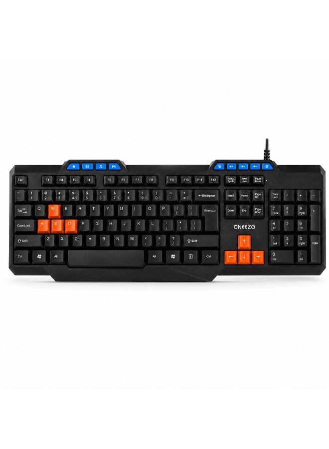 ONEEZO Wired USB English Arabic Full Size Keyboard with Numeric Keypad, Multimedia Keys and Color Coded WASD and Arrow Keys - Image 1