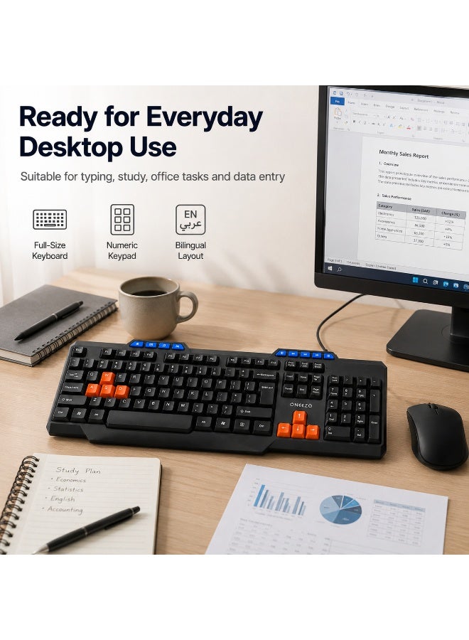 ONEEZO Wired USB English Arabic Full Size Keyboard with Numeric Keypad, Multimedia Keys and Color Coded WASD and Arrow Keys - Image 3