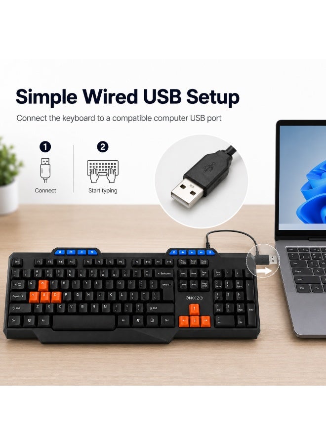 ONEEZO Wired USB English Arabic Full Size Keyboard with Numeric Keypad, Multimedia Keys and Color Coded WASD and Arrow Keys - Image 4
