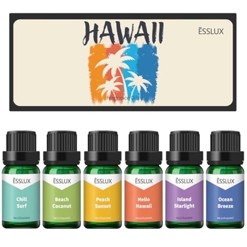 زيت عطر هاواي، مجموعة الزيوت العطرية المعطرة 10 مل × 6، روائح الشموع لصنع الشموع، صناعة الصابون، روائح الزيوت المنعشة، نسيم المحيط، جوز الهند الشاطئي، ركوب الأمواج البارد والمزيد - Image 1