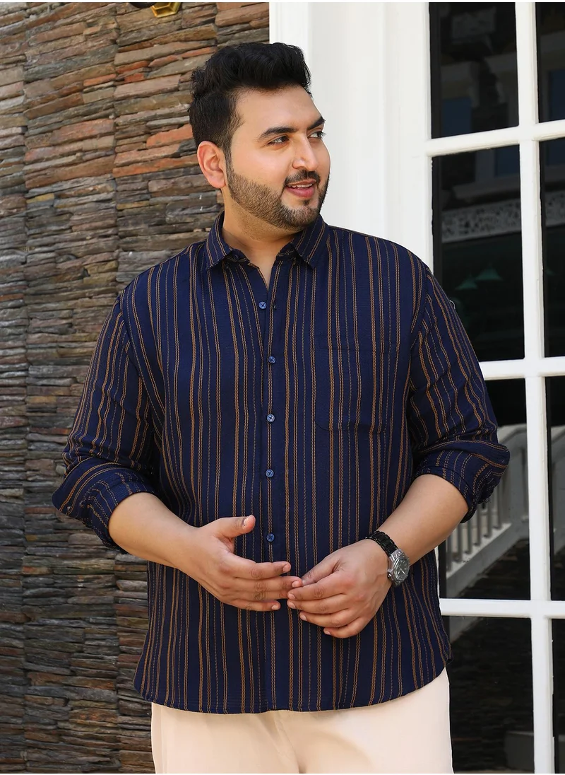 انستافاب بلس Instafab Plus Men's Prussian Blue Multitrack-Striped Regular Shirt For Casual Wear | Spread Collar | Long Cuffed Sleeves | Button Closure | Plus Size Shirt Crafted With Comfort Fit For Everyday Wear