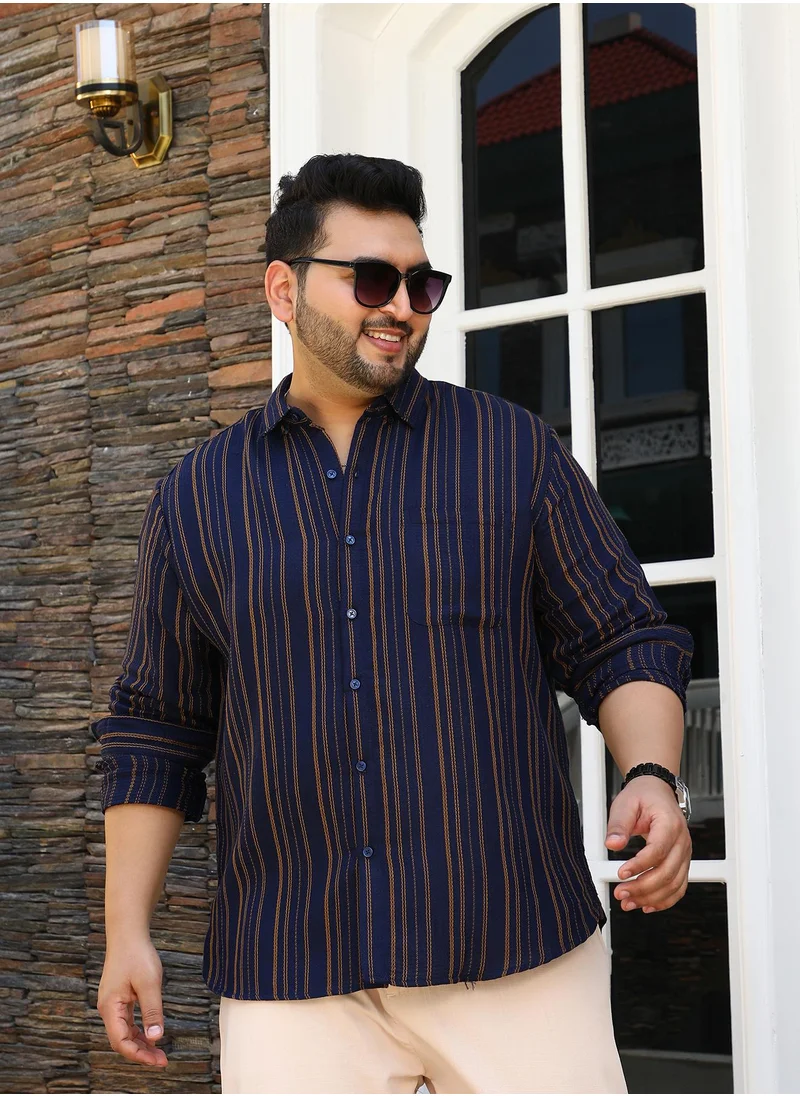 انستافاب بلس Instafab Plus Men's Prussian Blue Multitrack-Striped Regular Shirt For Casual Wear | Spread Collar | Long Cuffed Sleeves | Button Closure | Plus Size Shirt Crafted With Comfort Fit For Everyday Wear
