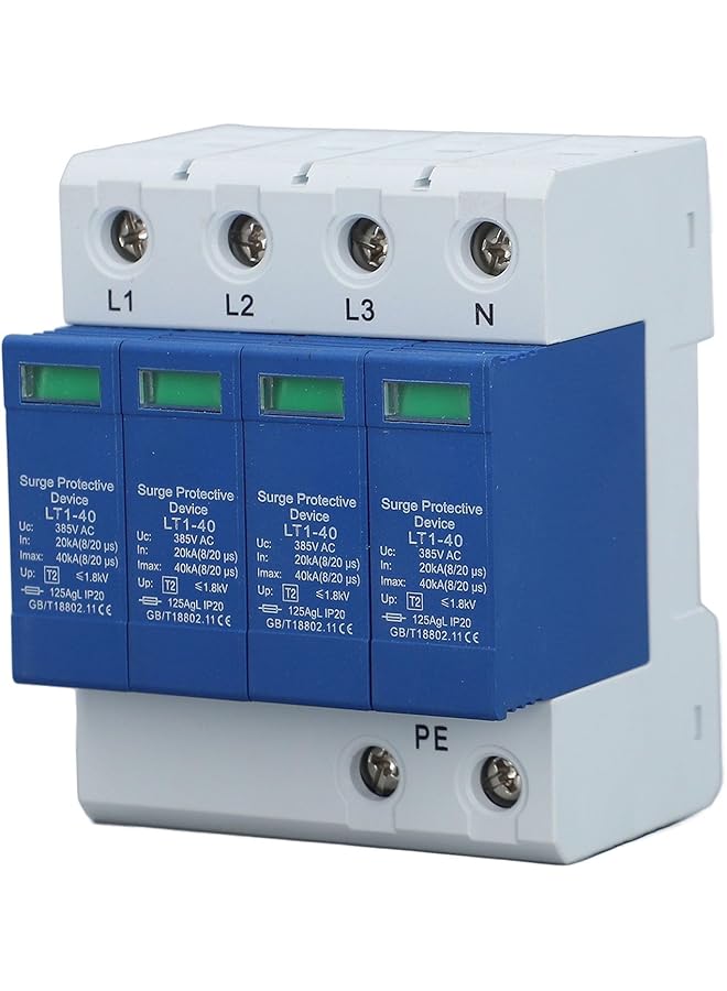 PROMASS Surges Arrester Device, 4P AC Photovoltaic Lighting Protector Low Voltage Arrester Whole House Surges Protector for Home Commercial Lighting, Rail Mount - Image 1