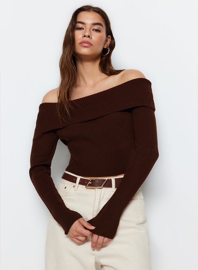 trendyol Brown Super Crop Carmen Collar Knitwear Sweater - Image 1