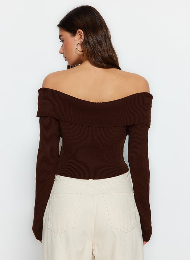 trendyol Brown Super Crop Carmen Collar Knitwear Sweater - Image 5
