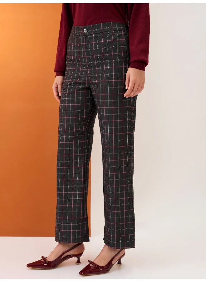 globus Women Black Checkered Mid-Rise Elasticated Back Straight Fit Formal Trousers