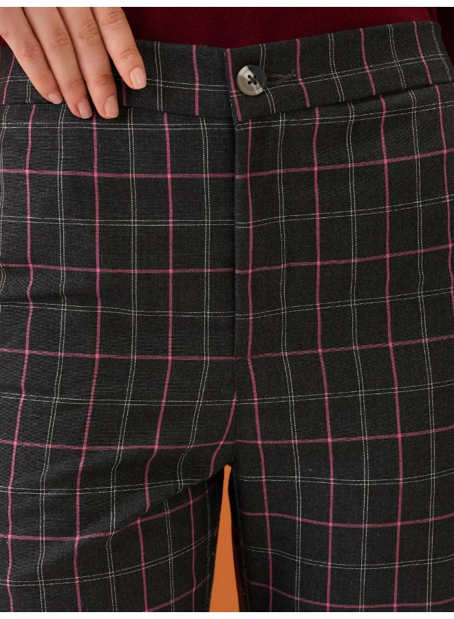 globus Women Black Checkered Mid-Rise Elasticated Back Straight Fit Formal Trousers