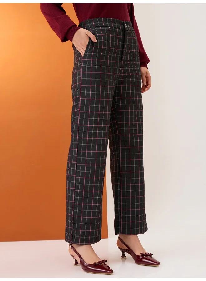 globus Women Black Checkered Mid-Rise Elasticated Back Straight Fit Formal Trousers