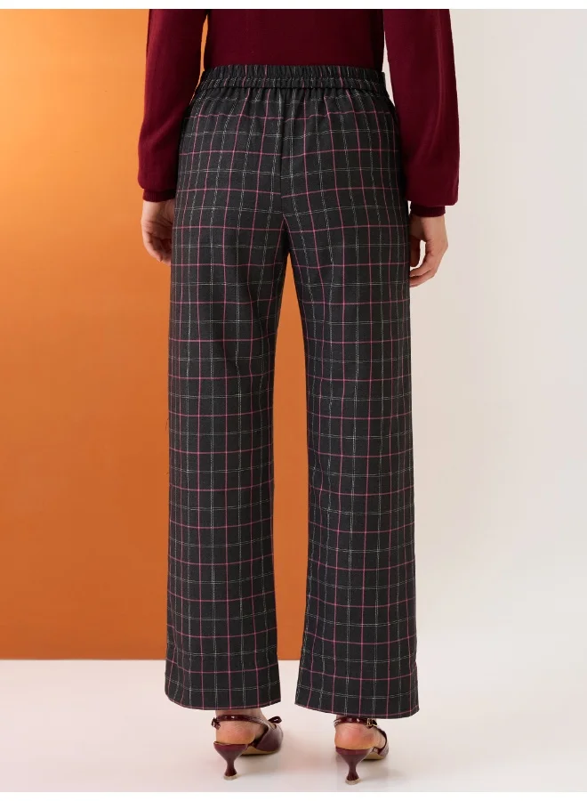 globus Women Black Checkered Mid-Rise Elasticated Back Straight Fit Formal Trousers